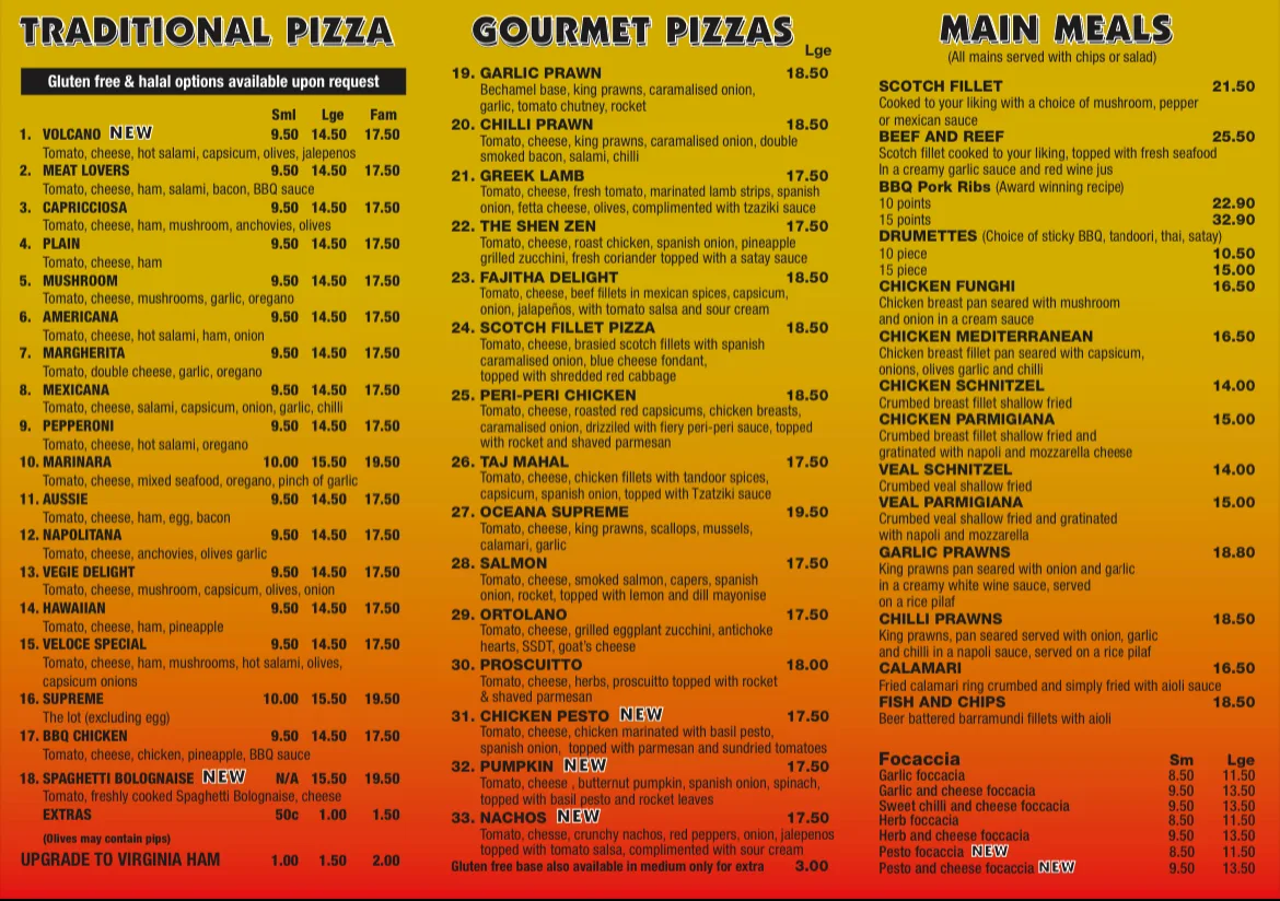 Menu, Derby Pizza