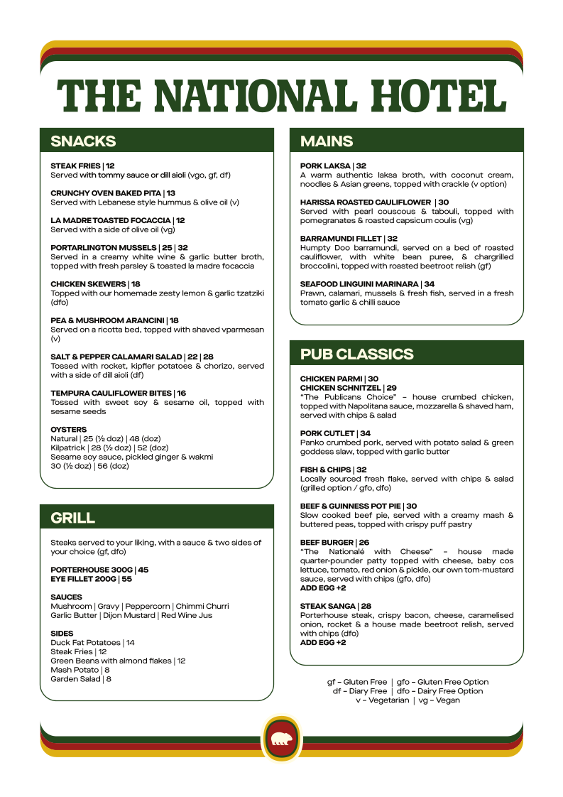 Menu, The National Hotel