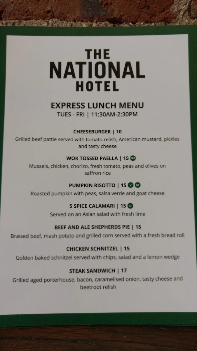Menu, The National Hotel