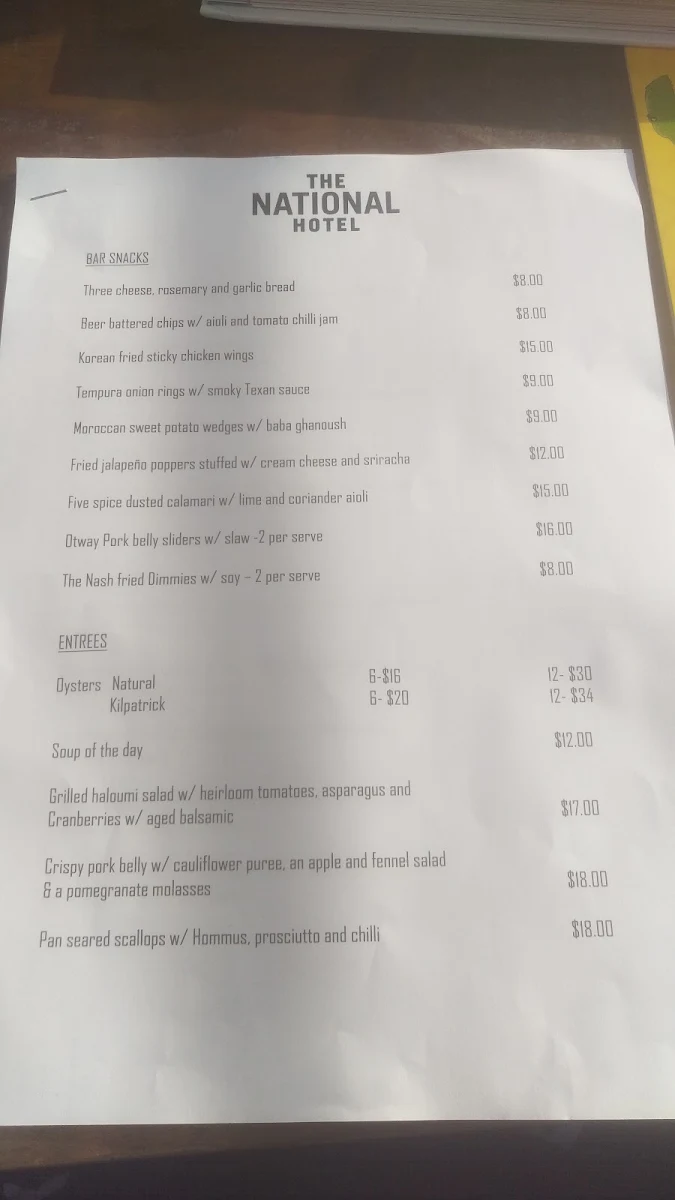 Menu, The National Hotel