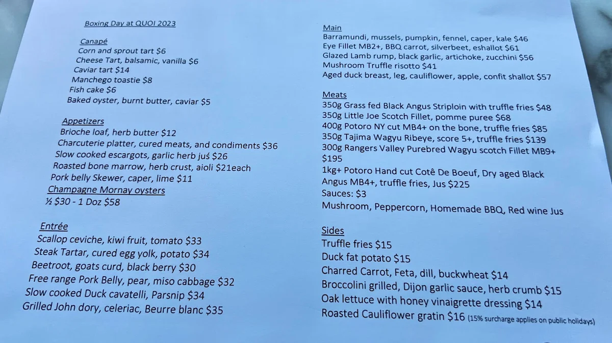 Menu, Quoi Dining Restaurant