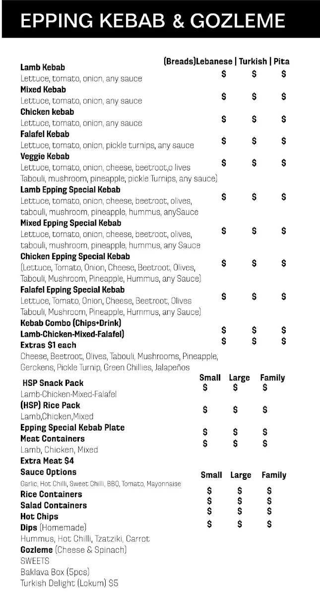 Menu, Epping Kebab&Gozleme