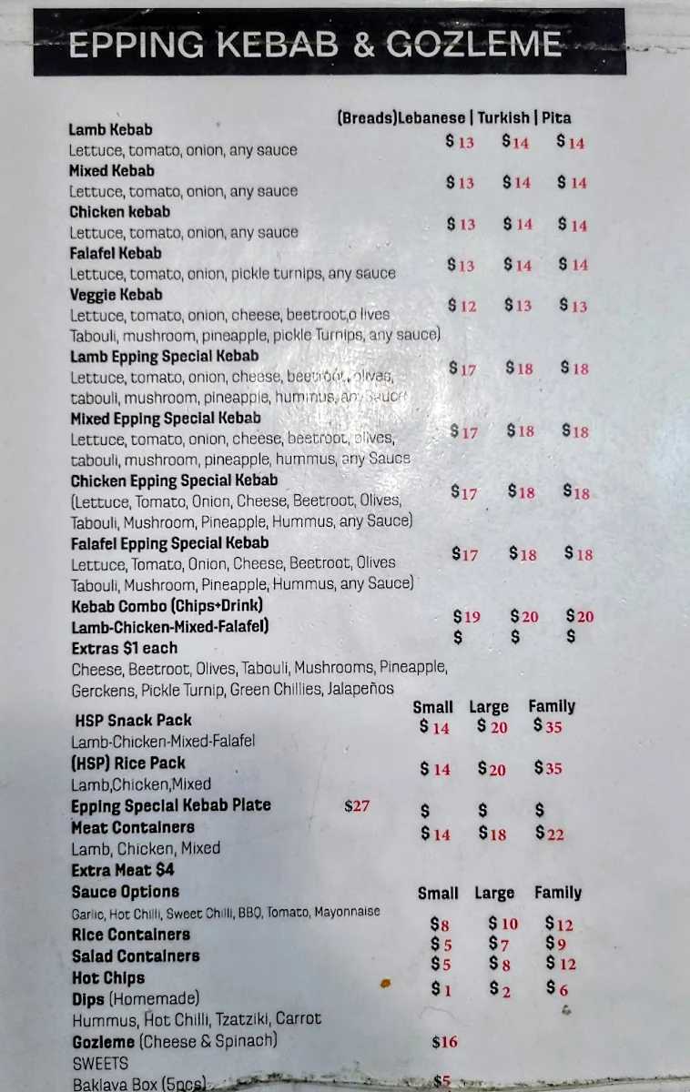 Menu, Epping Kebab&Gozleme