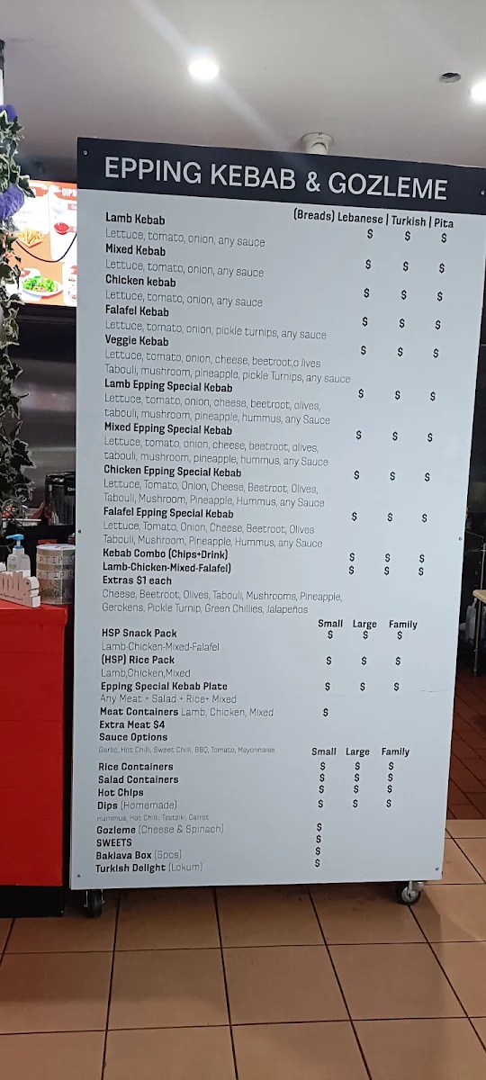 Menu, Epping Kebab&Gozleme