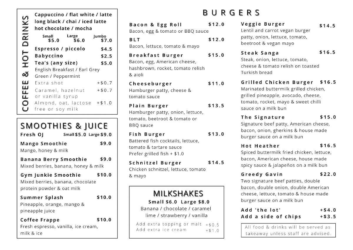 Menu, Surf Beach Cafe & Takeaway