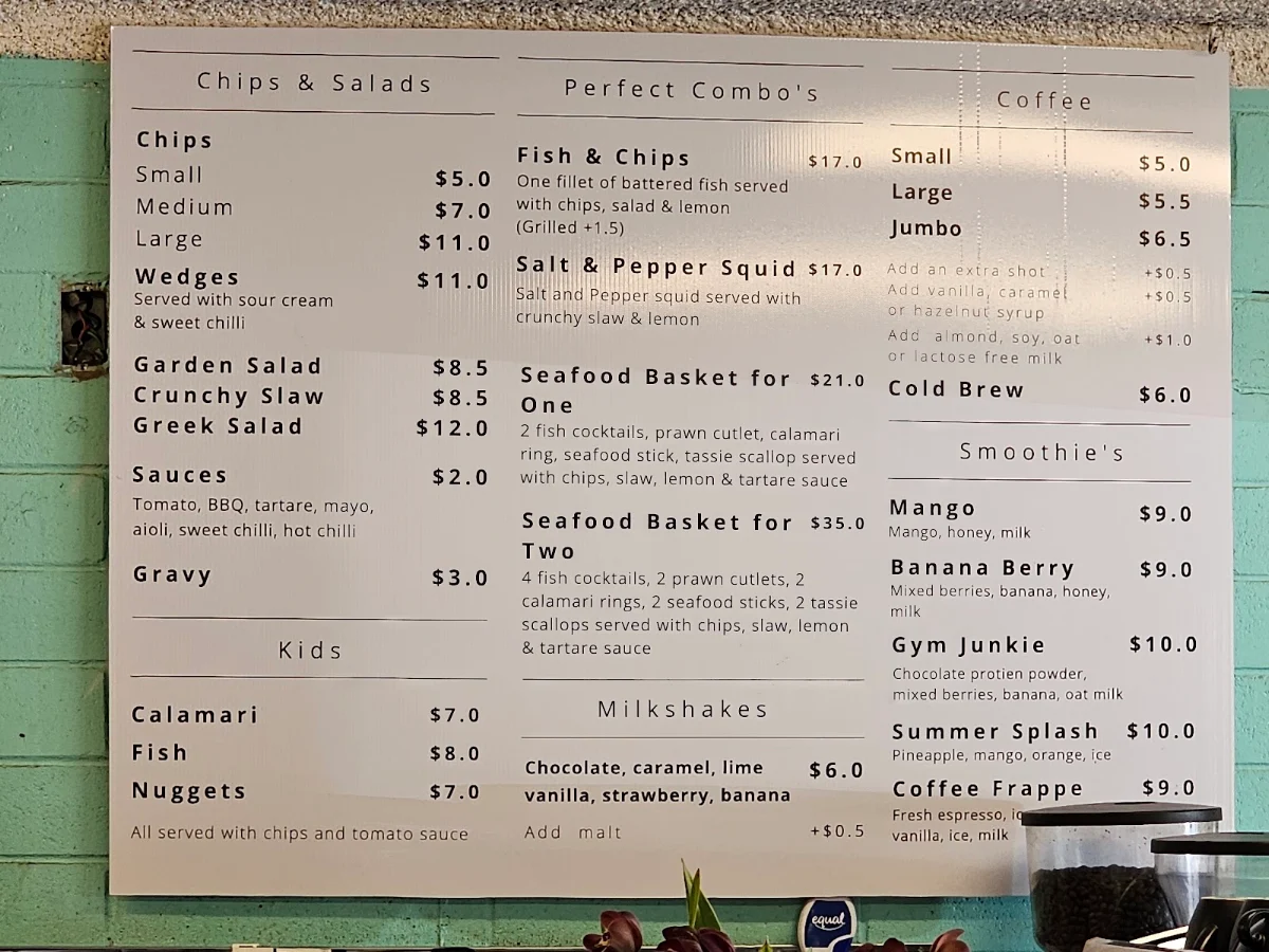 Menu, Surf Beach Cafe & Takeaway