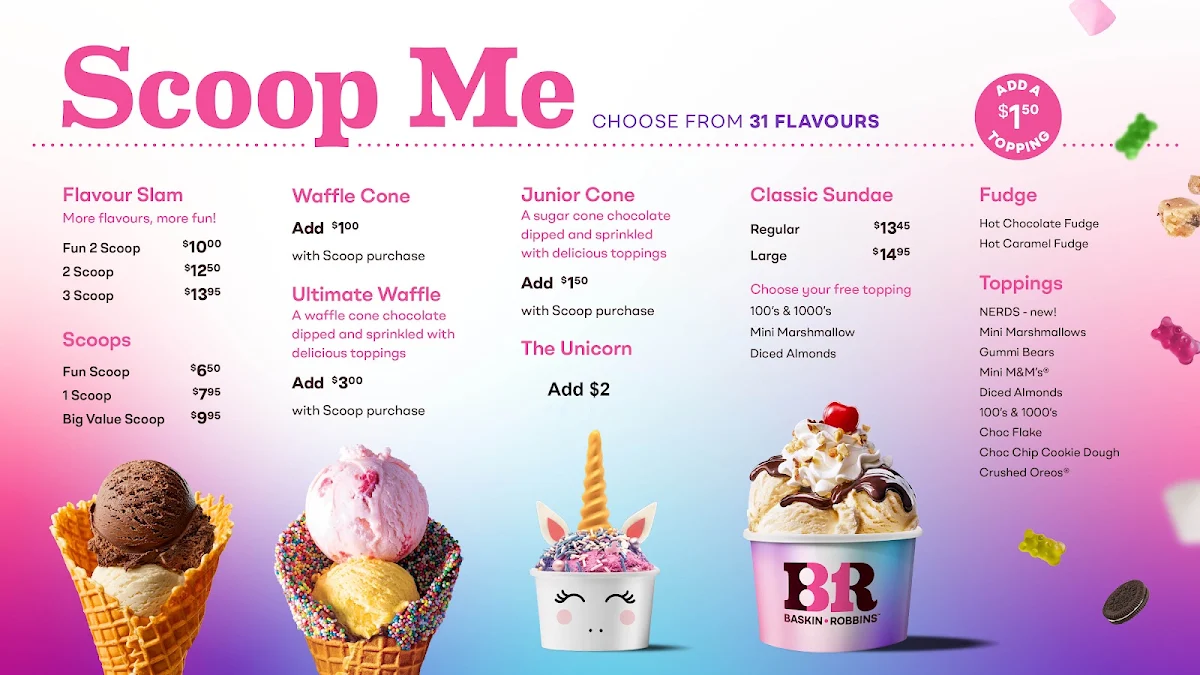 Menu, Baskin-Robbins Coolangatta Strand