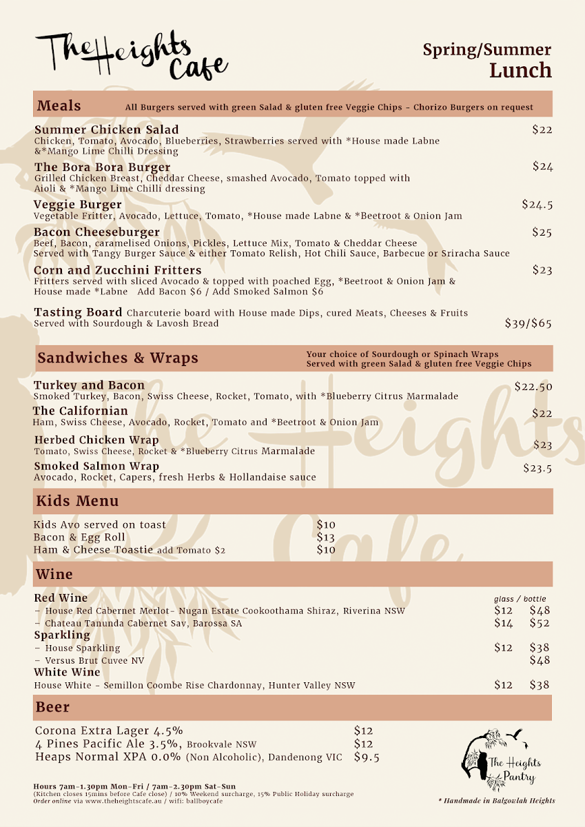 Menu, The Heights Cafe Balgowlah Heights