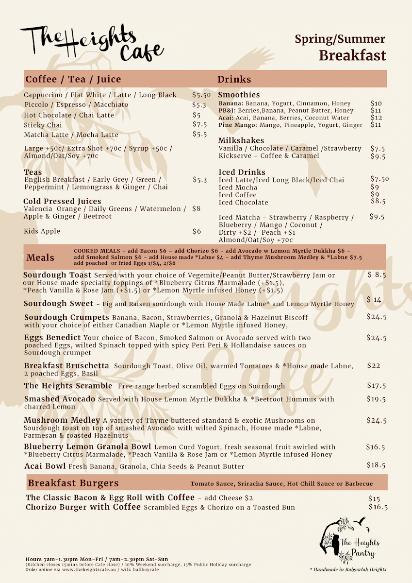 Menu, The Heights Cafe Balgowlah Heights