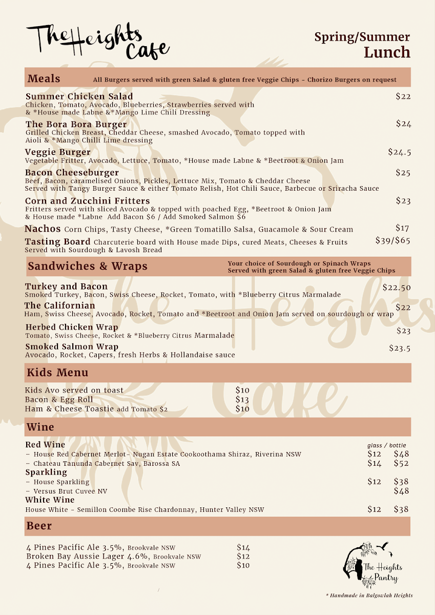 Menu, The Heights Cafe Balgowlah Heights