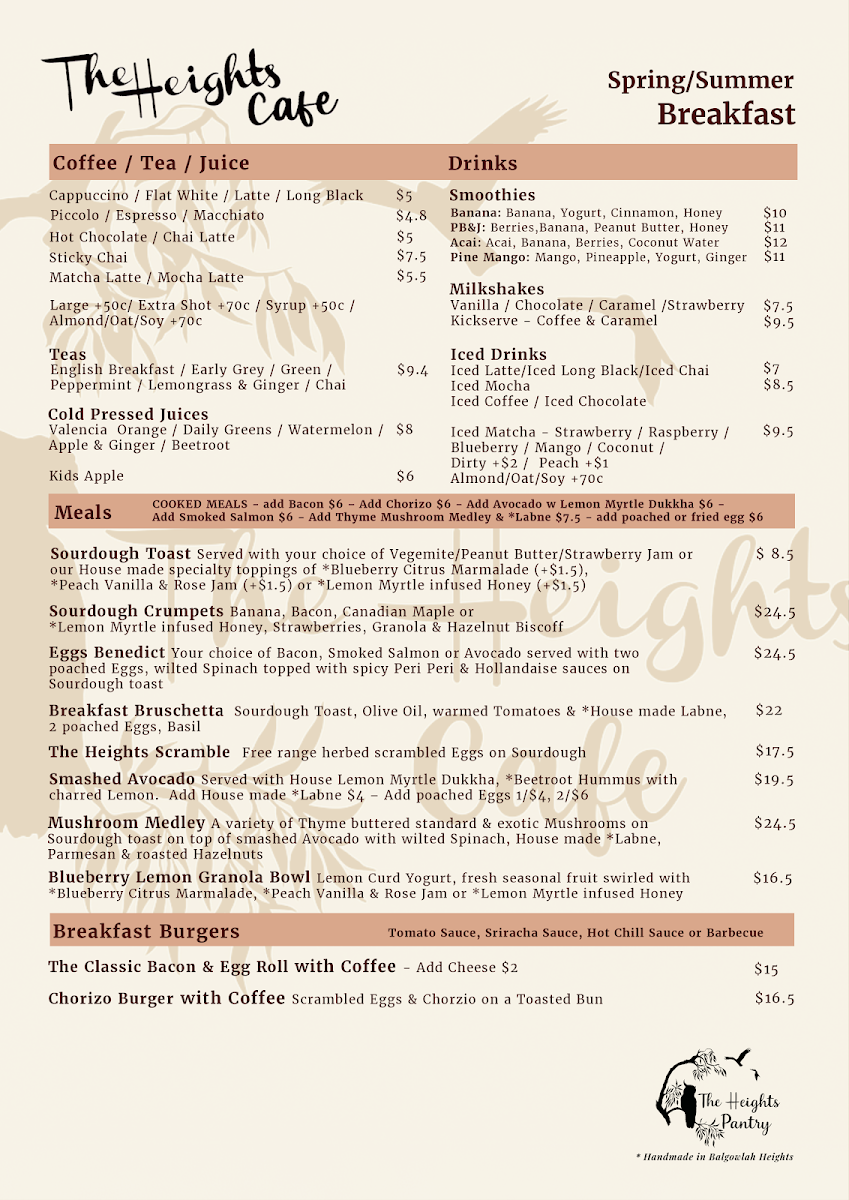 Menu, The Heights Cafe Balgowlah Heights