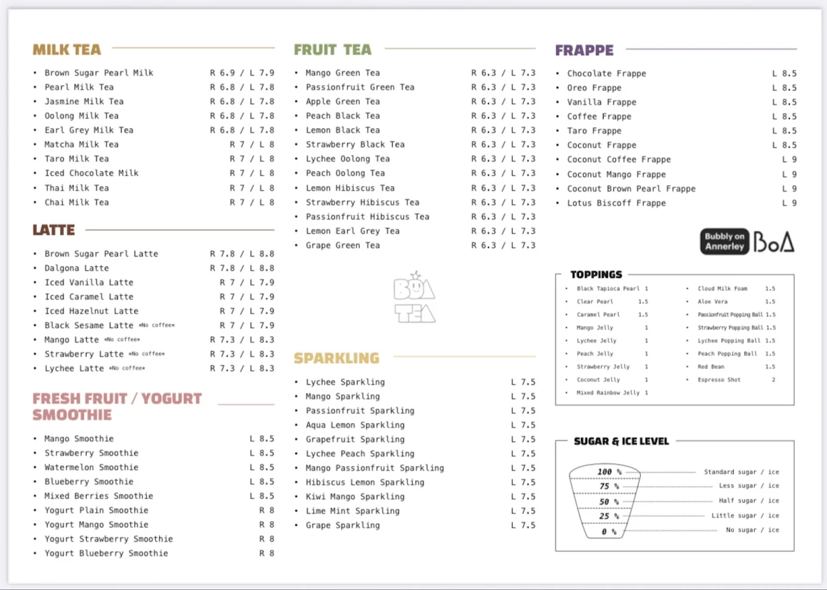 Menu, BoA Tea & Dessert Cafe