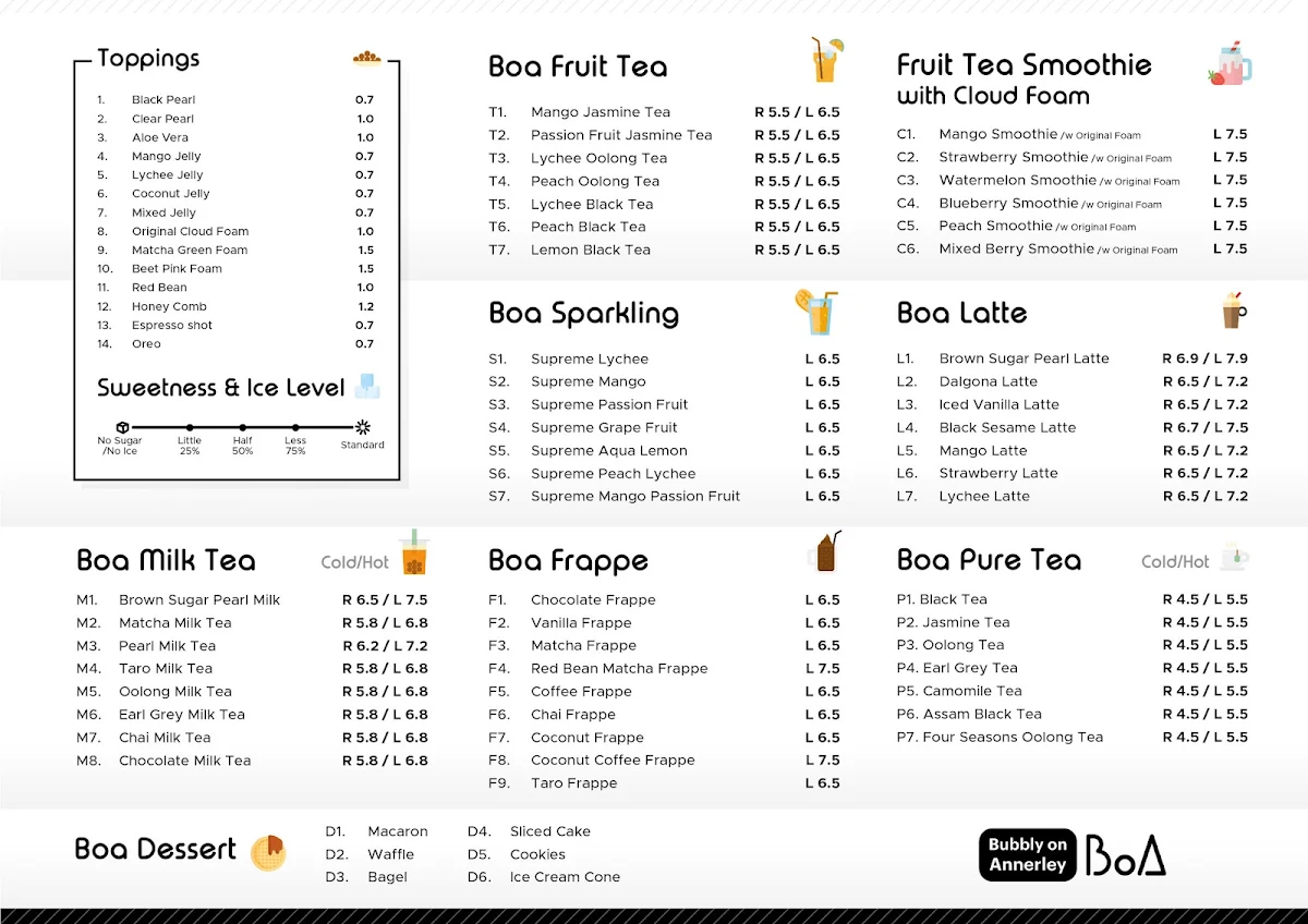 Menu, BoA Tea & Dessert Cafe