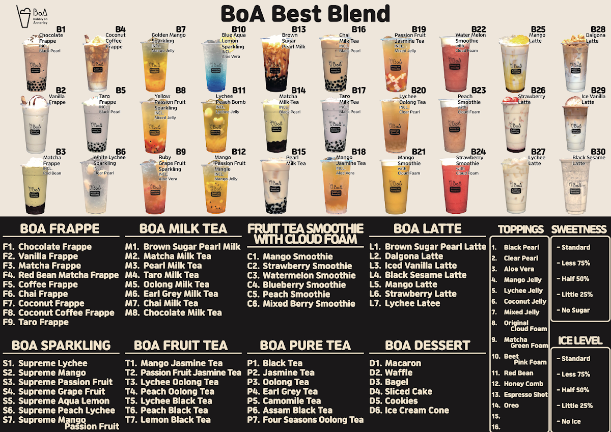 Menu, BoA Tea & Dessert Cafe