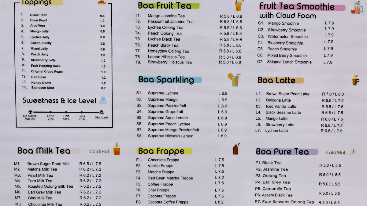 Menu, BoA Tea & Dessert Cafe