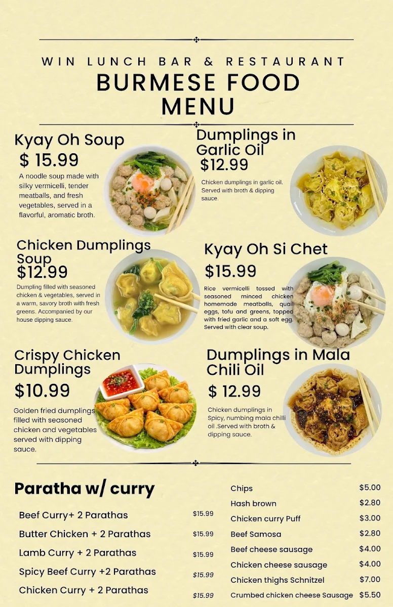 Menu, Win Lunch Bar and Restaurant