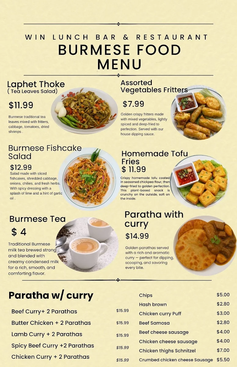 Menu, Win Lunch Bar and Restaurant