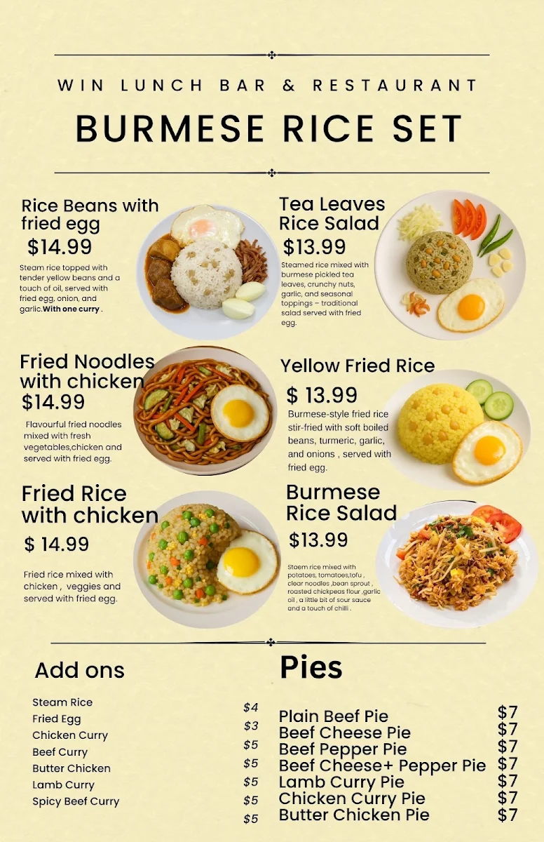Menu, Win Lunch Bar and Restaurant