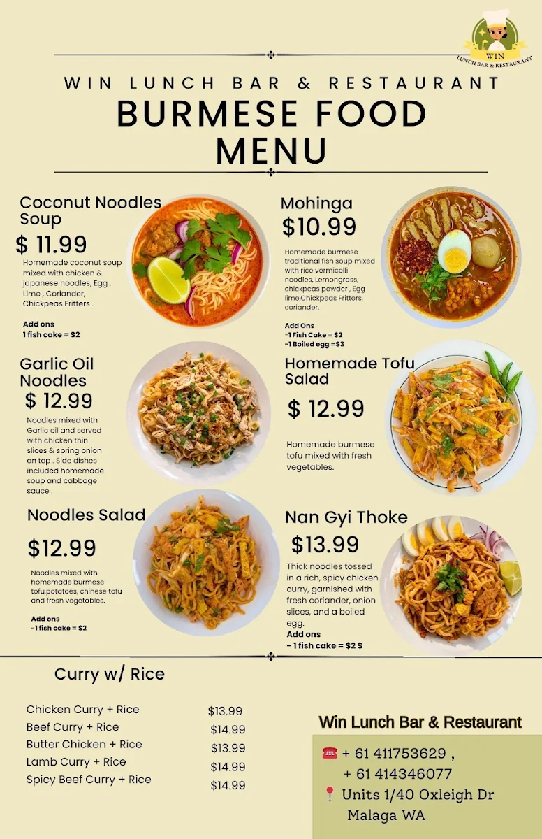 Menu, Win Lunch Bar and Restaurant
