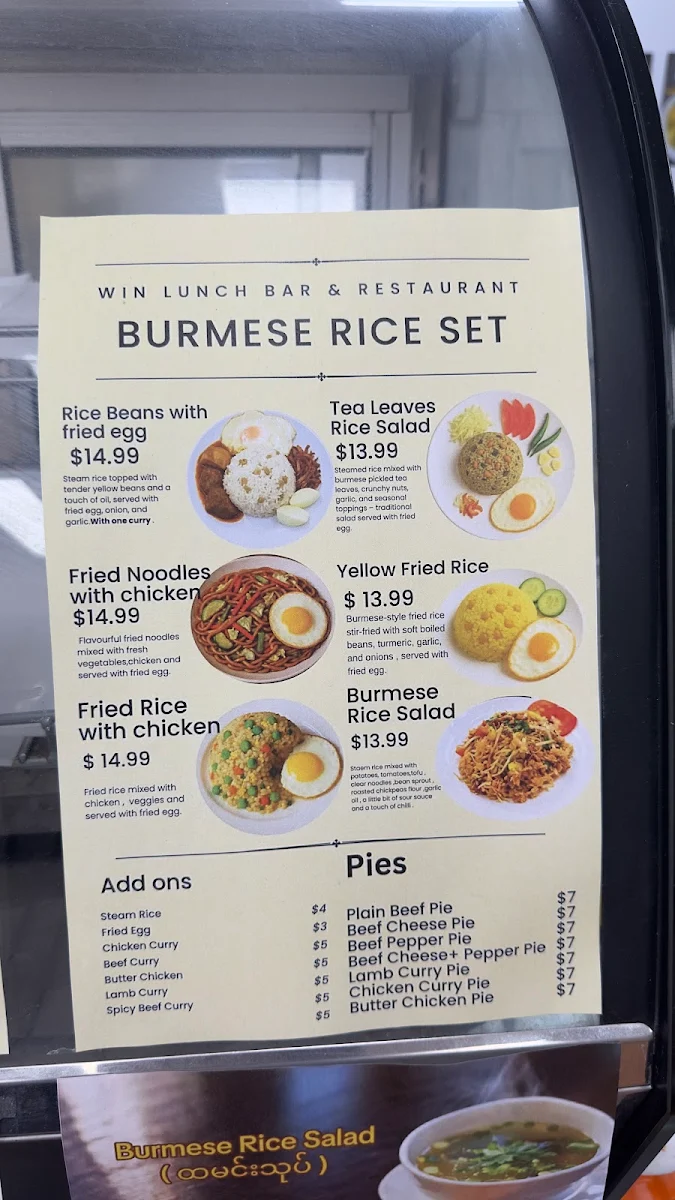 Menu, Win Lunch Bar and Restaurant