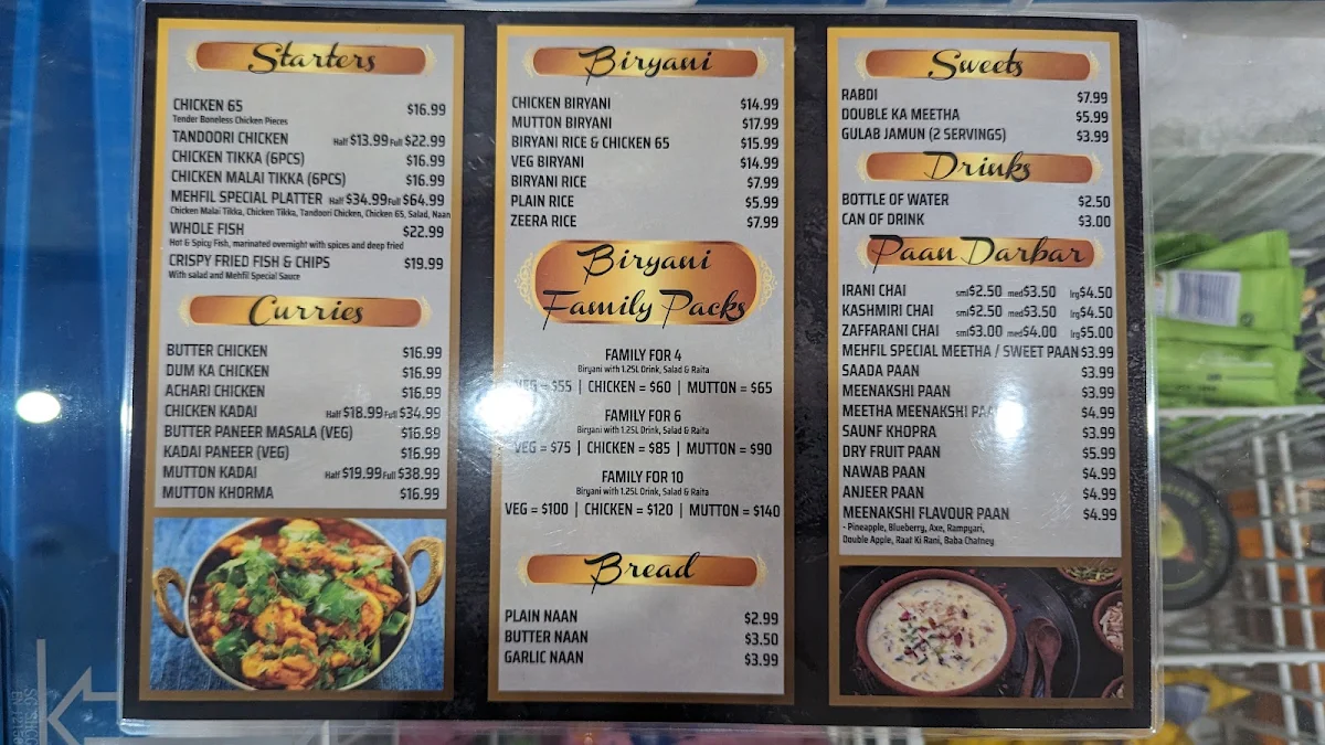Menu, Mehfil Restaurant