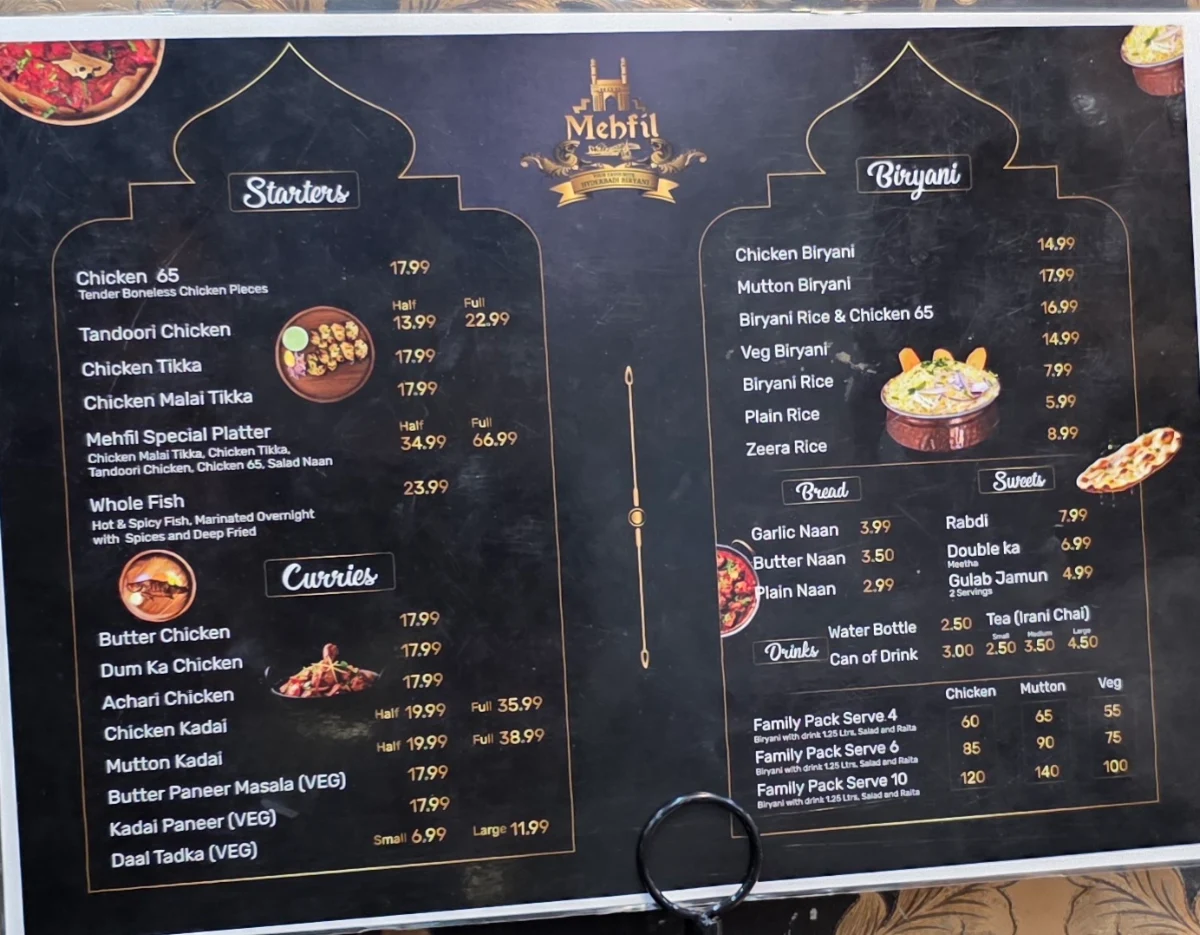 Menu, Mehfil Restaurant