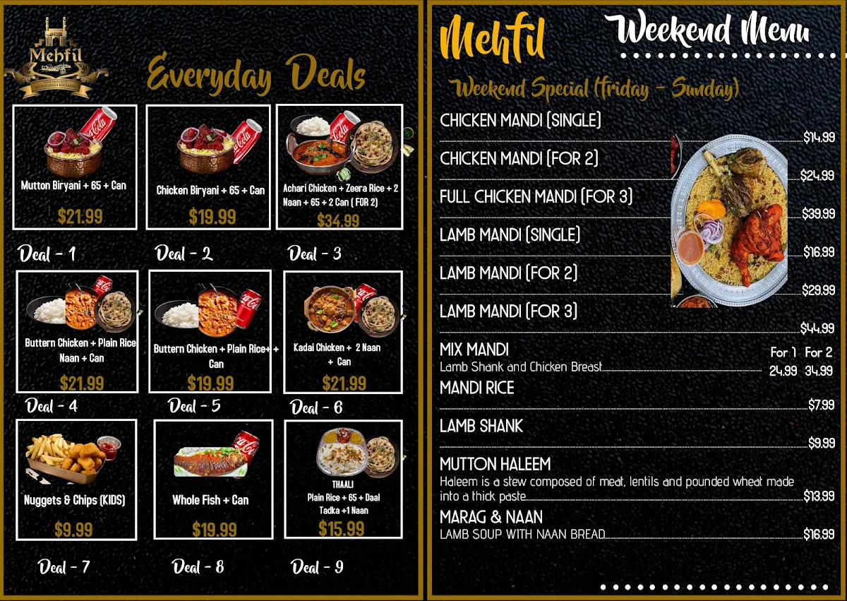 Menu, Mehfil Restaurant