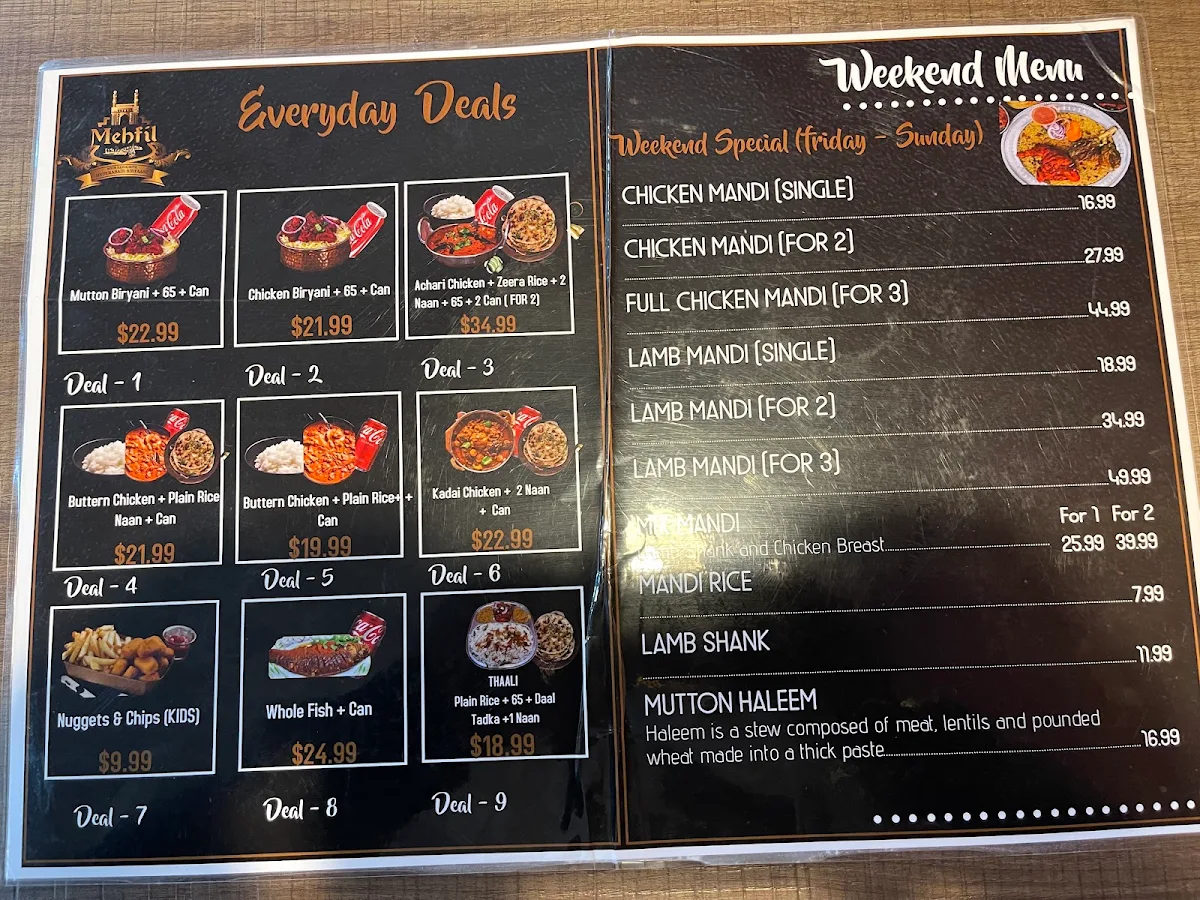 Menu, Mehfil Restaurant