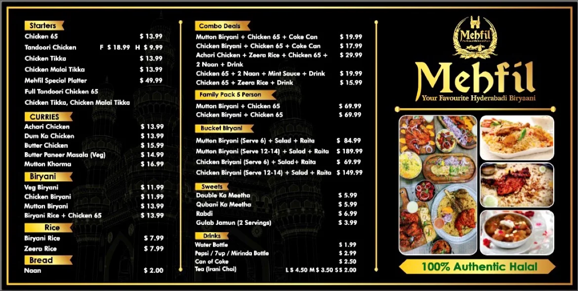 Menu, Mehfil Restaurant