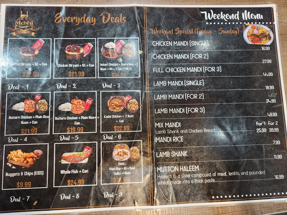 Menu, Mehfil Restaurant