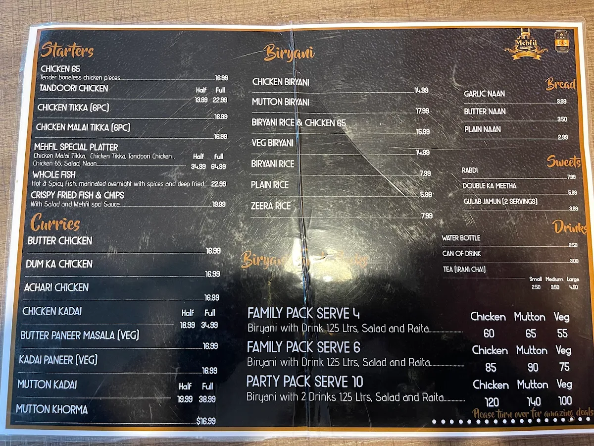 Menu, Mehfil Restaurant