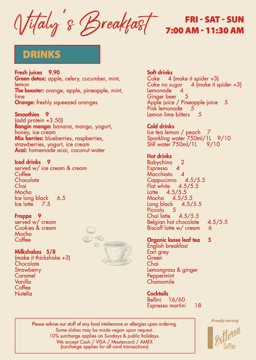 Menu, Vitaly Italian & Woodfire Pizza Restaurant (Kirrawee)