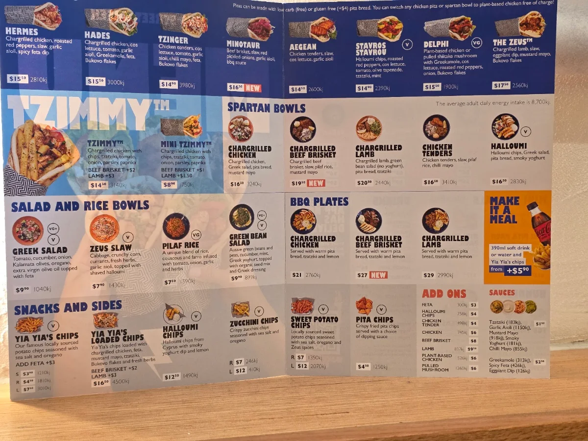 Menu, Zeus Street Greek Macquarie Centre
