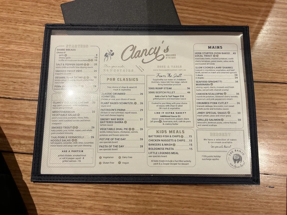 Menu, Clancy's Brasserie