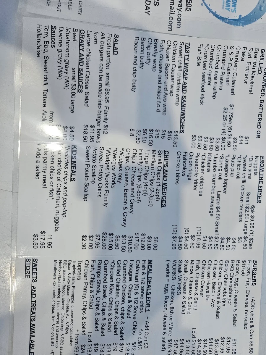 Menu, Jacksons Takeaway