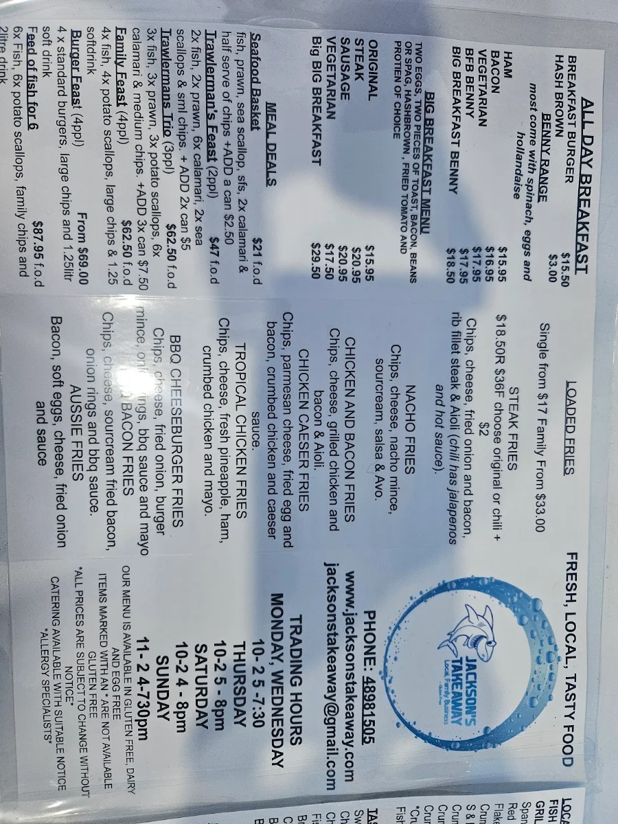 Menu, Jacksons Takeaway
