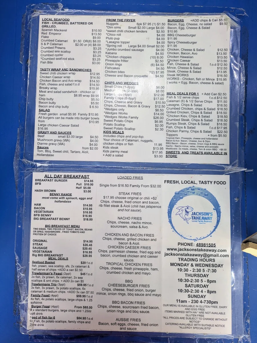 Menu, Jacksons Takeaway