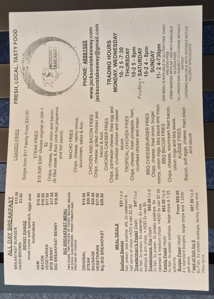 Menu, Jacksons Takeaway