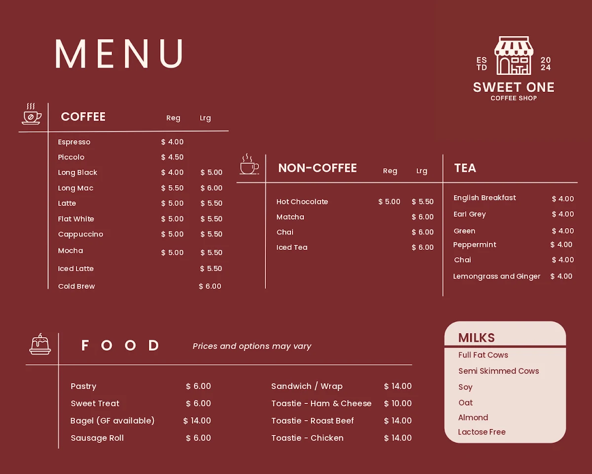 Menu, Sweet One Coffee Shop