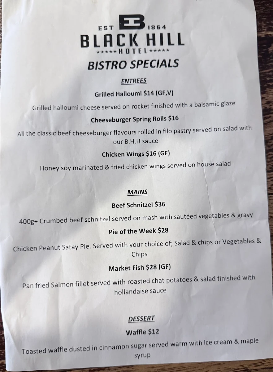 Menu, Black Hill Hotel