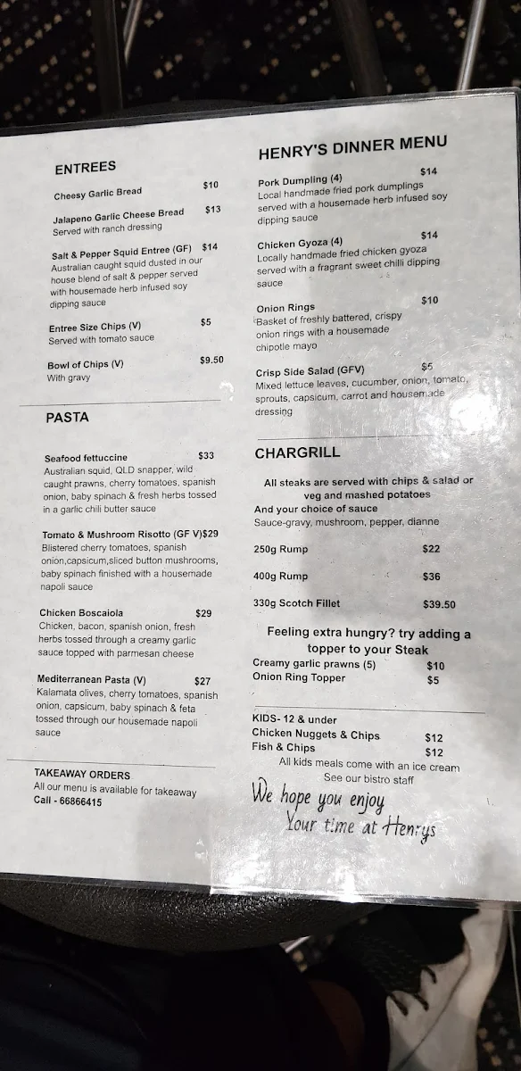 Menu, Henry Rous Tavern