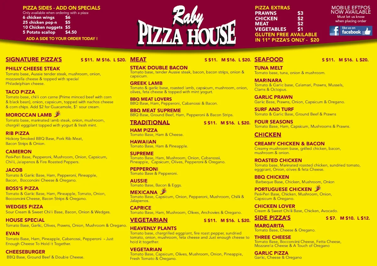 Menu, Raby Pizza House