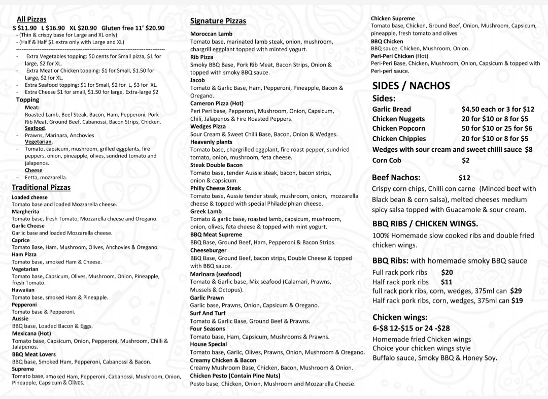 Menu, Raby Pizza House