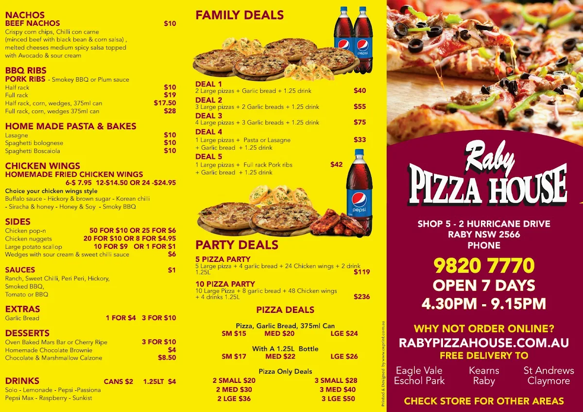 Menu, Raby Pizza House