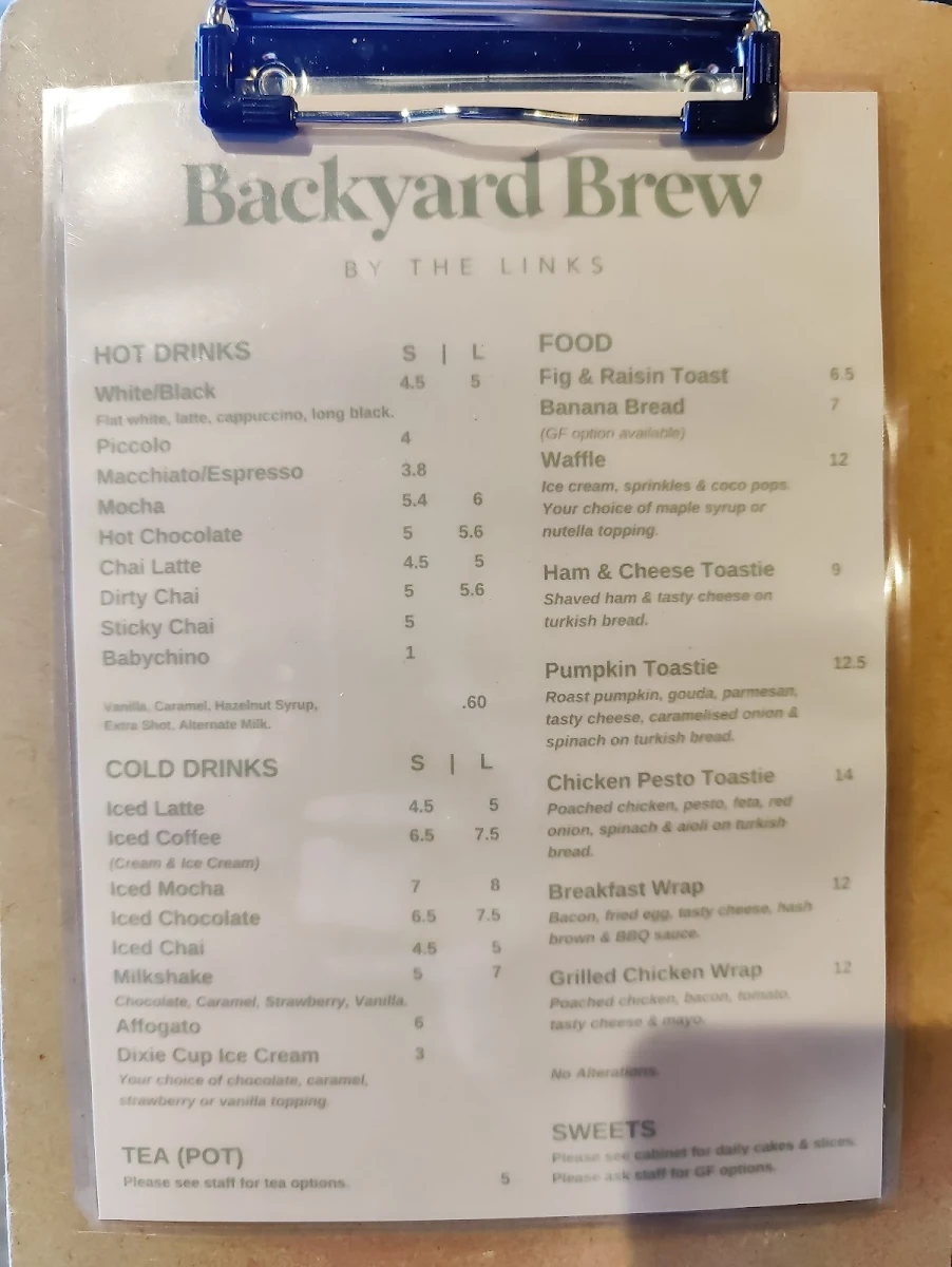Menu, Backyard Brew
