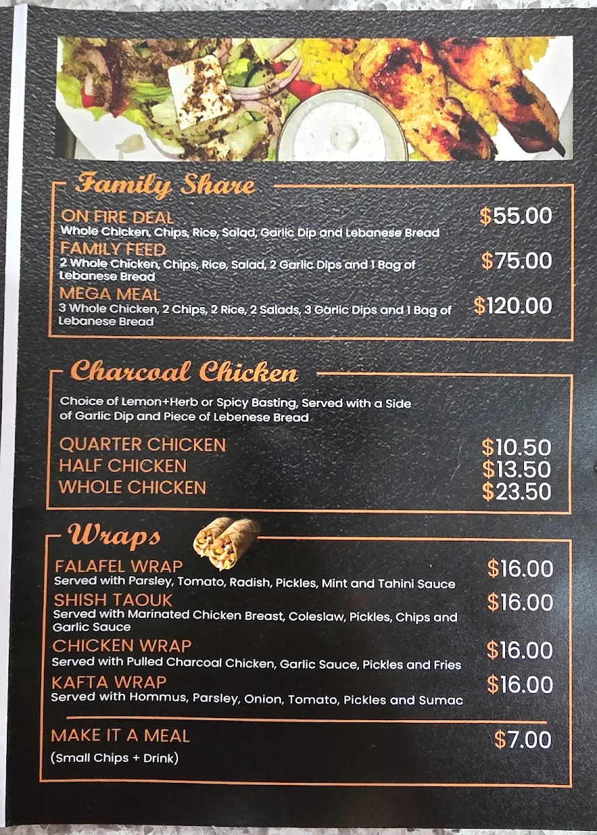 Menu, ON FIRE CHARCOAL CHICKEN HARRISDALE