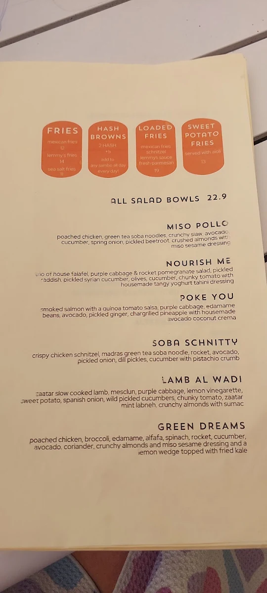 Menu, Lemmy's Terrigal