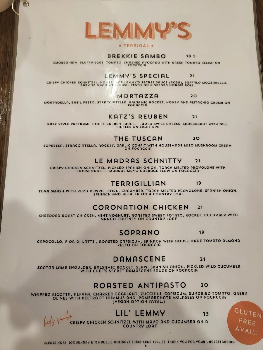 Menu, Lemmy's Terrigal