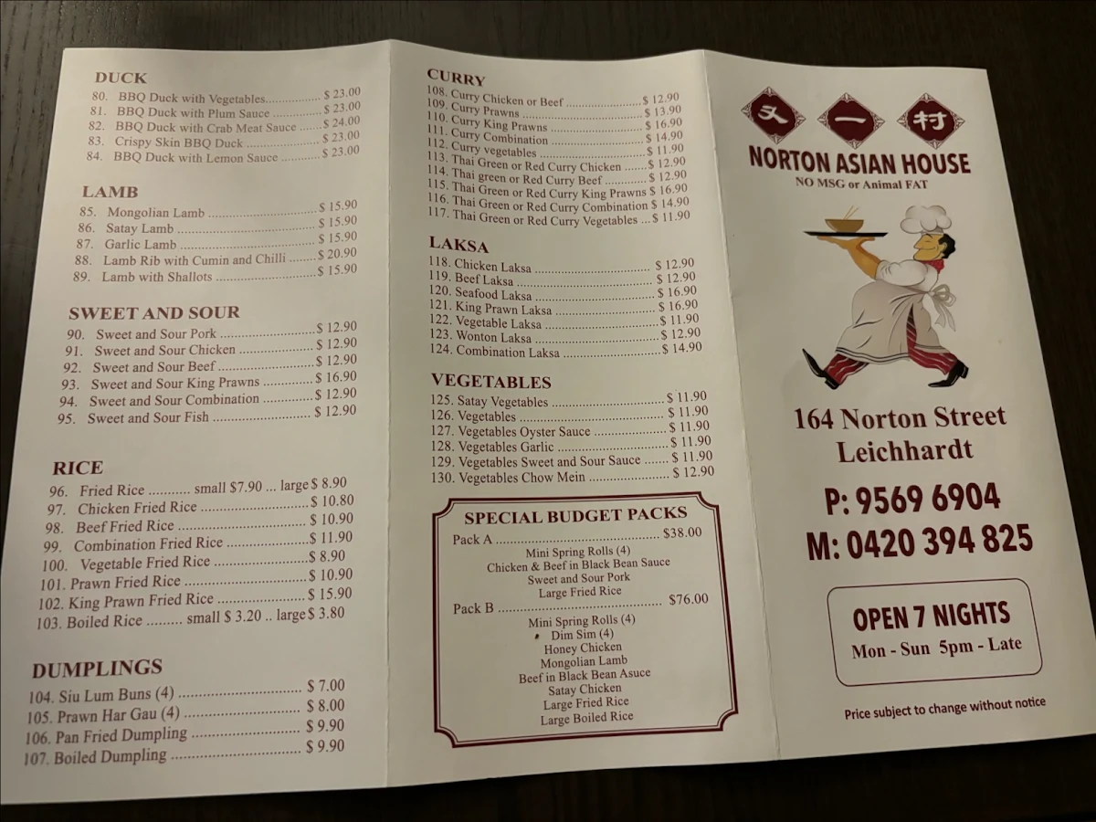 Menu, Norton Asian House