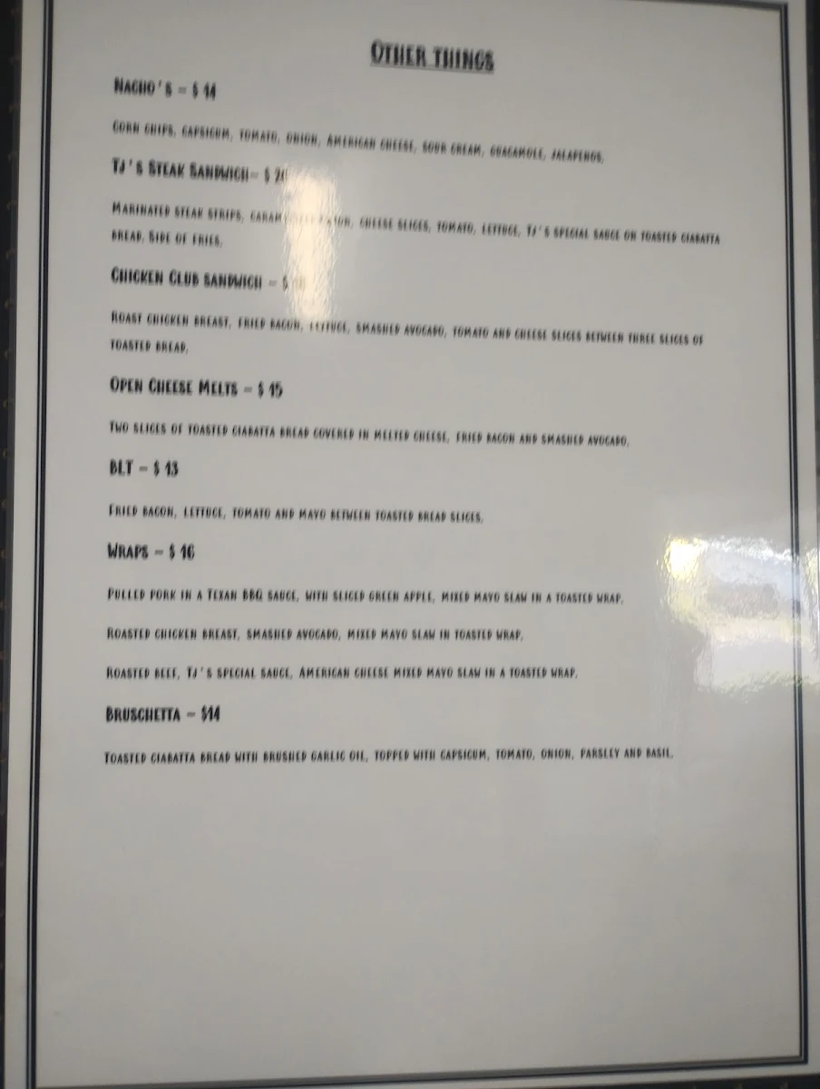 Menu, TJ's Diner